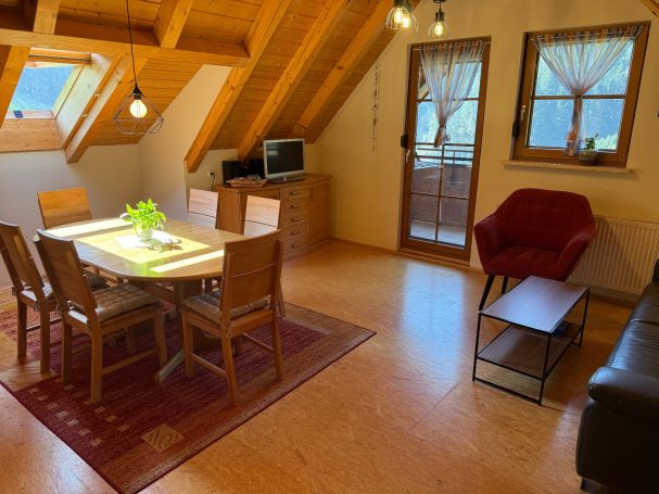Großes Wohn-/Esszimmer Helle, moderne Wohnküche mit Tisch, Stühlen, Sofa und Balkonzugang.