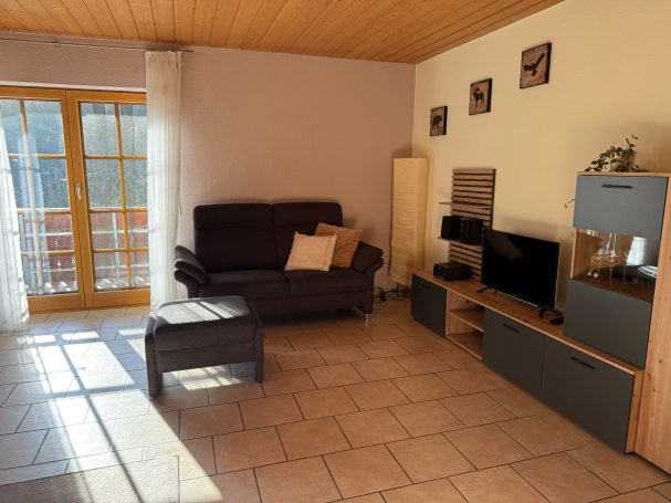 Großes Wohn-/ Esszimmer Heller Wohnraum mit Sofa, TV und Holzregal, Fenster mit Zugang zum Balkon.