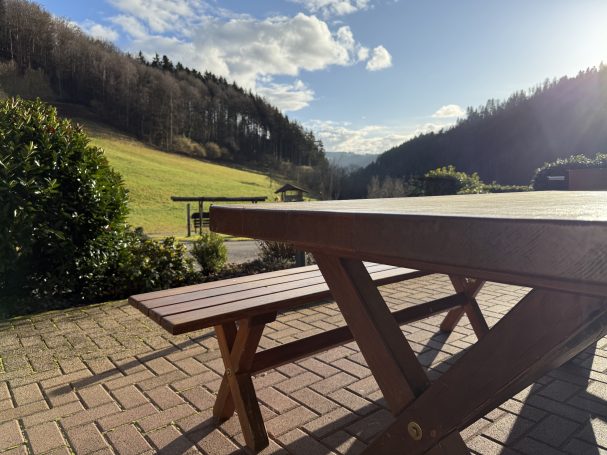 Ferienwohnung 1 Holzbank auf einer Terrasse mit Blick auf Hügel und leicht bewölkten Himmel.