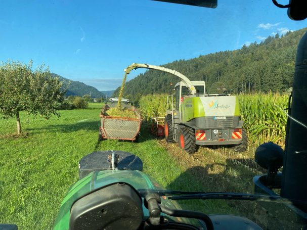 Grünfutter für die Kühe Traktor erntet Gras in einer Landschaft mit Bergen und Bäumen im Hintergrund.