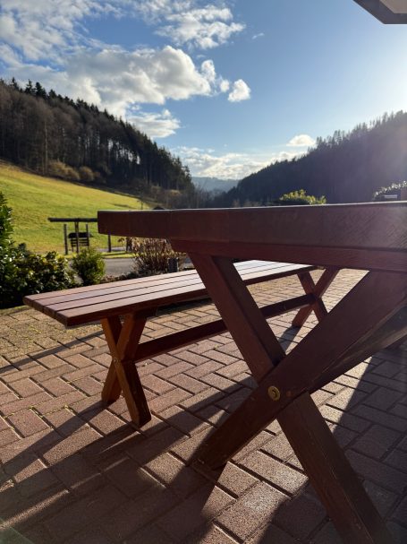Große Terrasse Holztisch und Bänke mit Blick auf die Berge und eine grüne Landschaft.