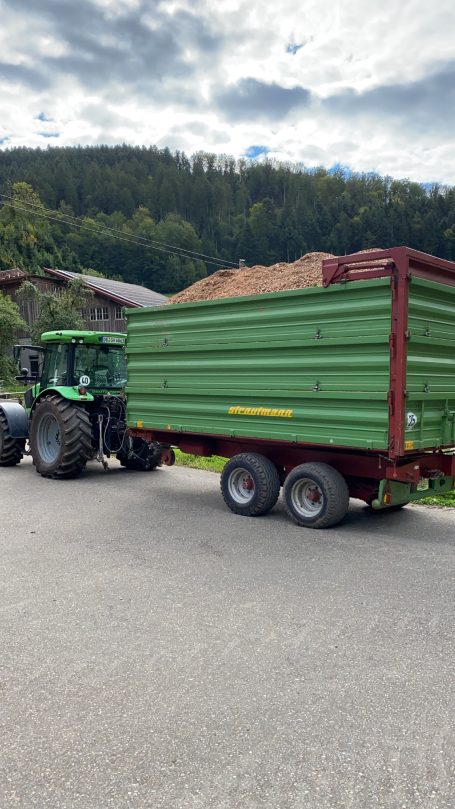 Hackschnitzel aus eigenem Wald Grüner Traktor zieht einen großen Anhänger mit Sand bei bewölktem Himmel.