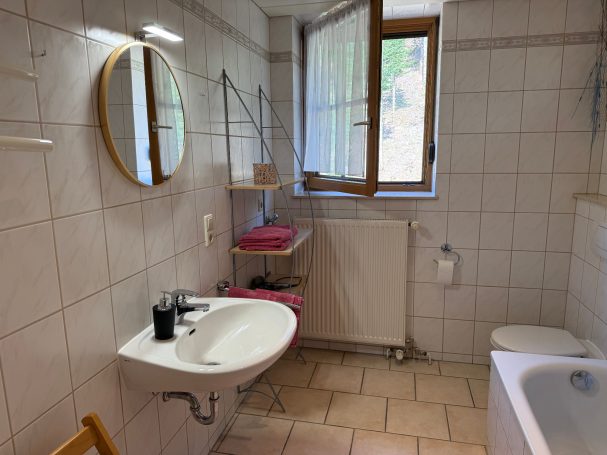 Badezimmer mit Dusche und Badewanne Helles Badezimmer mit Waschbecken, Toilette, Badewanne und großen Fenstern.