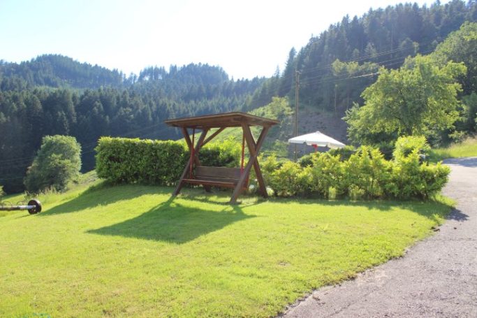 Ruhe und Entspannung auf dem Hofgrundstück Holzschaukel auf einer Wiese mit grünen Sträuchern und Wäldern im Hintergrund.