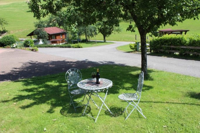 Entspannung im Schatten Ein kleiner Tisch mit zwei Stühlen, umgeben von Gras und Bäumen, in einer ländlichen Umgebung.